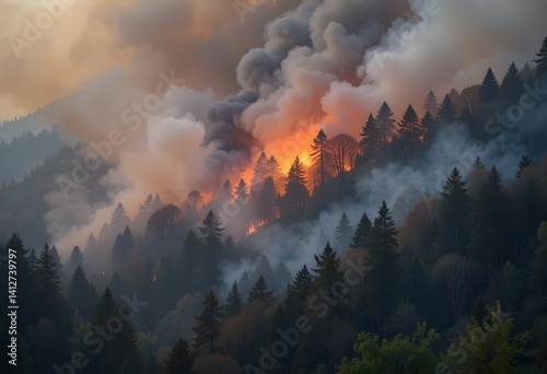 Forest Fire with Smoke and Flames in Environmental Disaster Scene