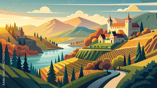 A painting of a countryside with a river and houses. The painting has a peaceful and serene mood