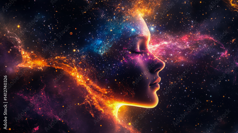 Double exposure portrait of woman face with galaxy space inside and outside head. Esoteric concept. Constellation in night sky in abstract astrology concept.