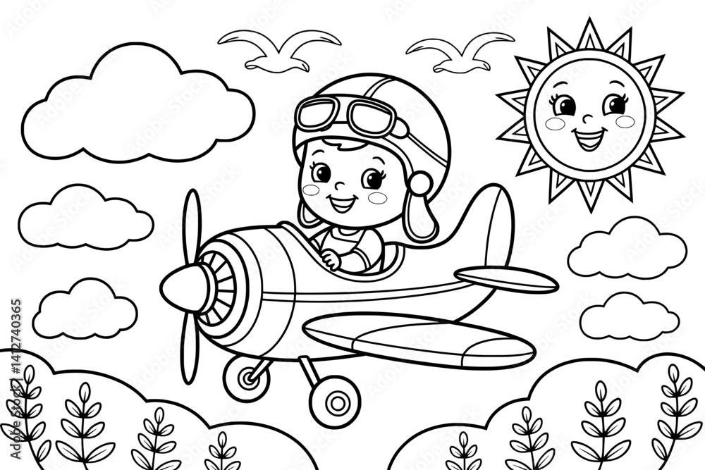A black and white coloring page featuring a happy child pilot in a vintage airplane against a backdrop of clouds, a sun, and simple landscape elements