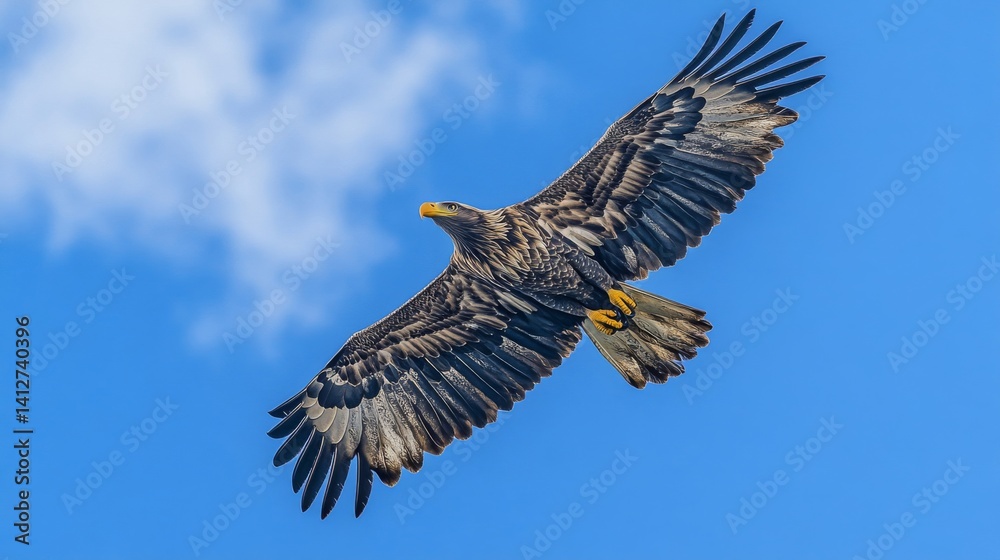 Obraz premium Brown Eagle Soaring Through a Blue Sky with Clouds