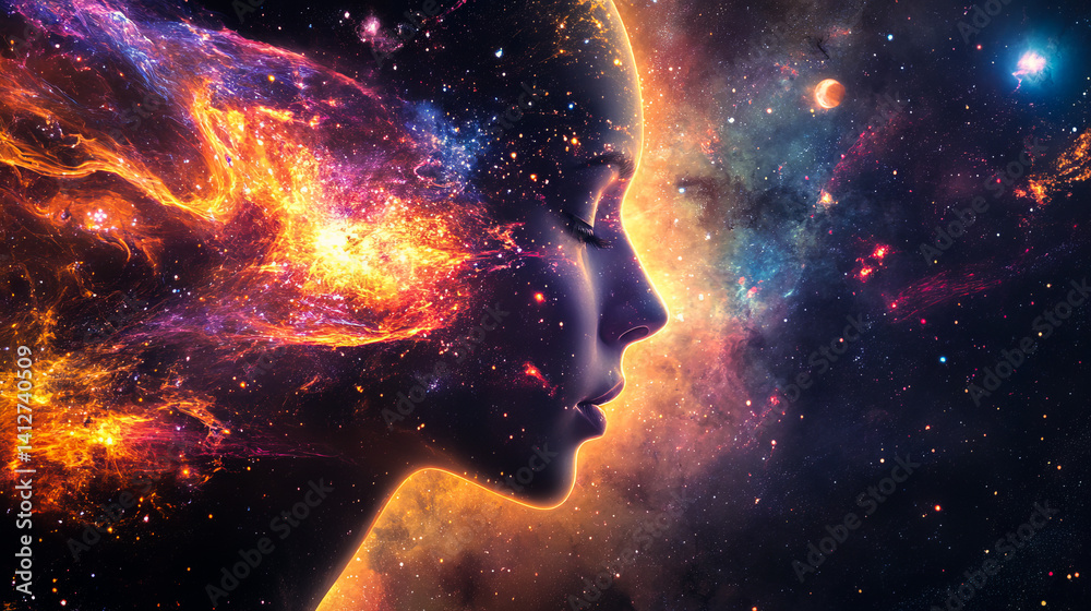 Double exposure portrait of woman face with galaxy space inside and outside head. Esoteric concept. Constellation in night sky in abstract astrology concept.