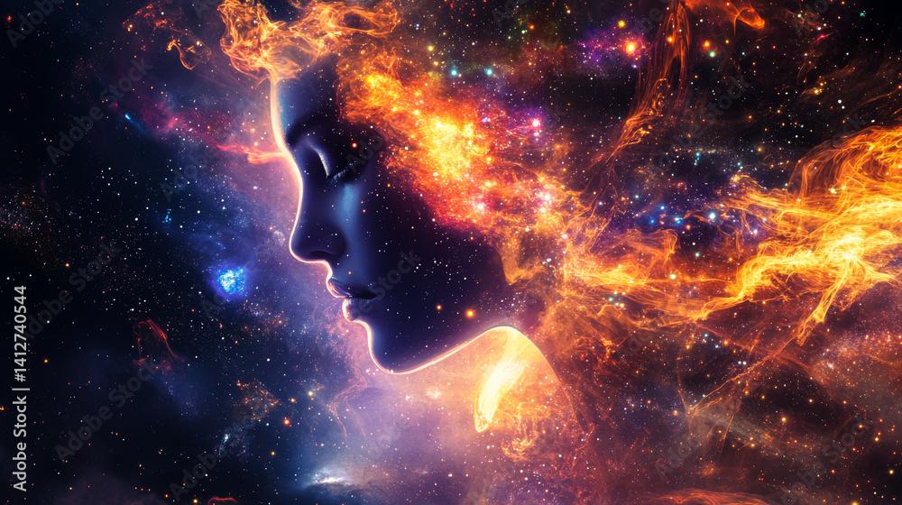 Double exposure portrait of woman face with galaxy space inside and outside head. Esoteric concept. Constellation in night sky in abstract astrology concept.