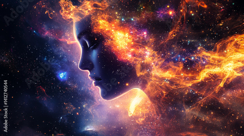Obraz na płótnie Double exposure portrait of woman face with galaxy space inside and outside head. Esoteric concept. Constellation in night sky in abstract astrology concept. w salonie