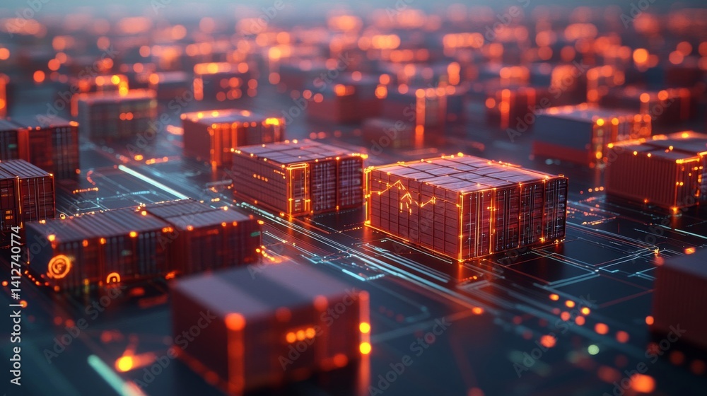 Obraz premium Abstract Digital Cityscape with Glowing Orange Cubes