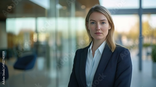 A young European female professional stands confidently in a modern office space, showcasing a serious and stylish demeanor suited for business environments.