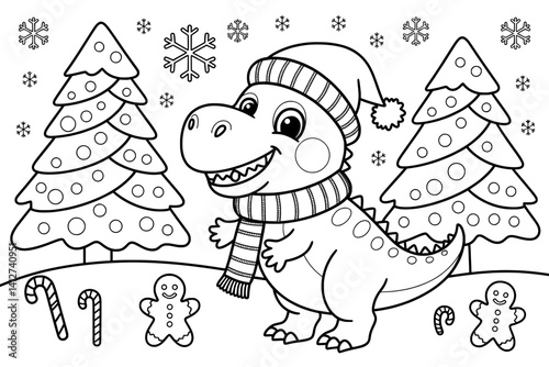 A whimsical, black and white coloring page featuring a friendly dinosaur wearing a Christmas hat and scarf, surrounded by Christmas trees, snowflakes, candy canes, and gingerbread cookies