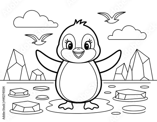A cheerful, cartoon penguin stands on some ice floes in a wintry scene