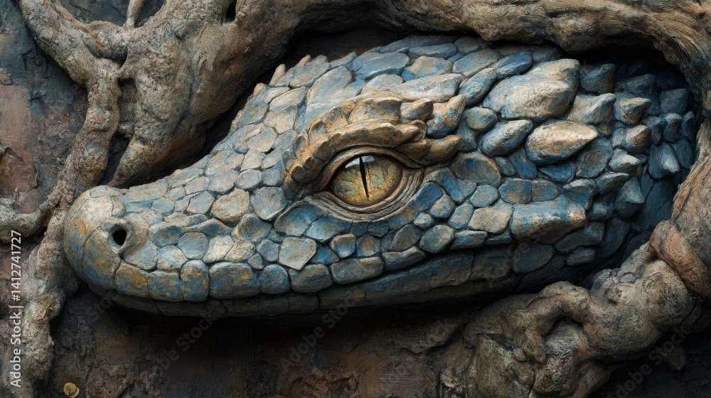 Fototapeta premium Closeup of a Reptile's Eye Amidst Rocks