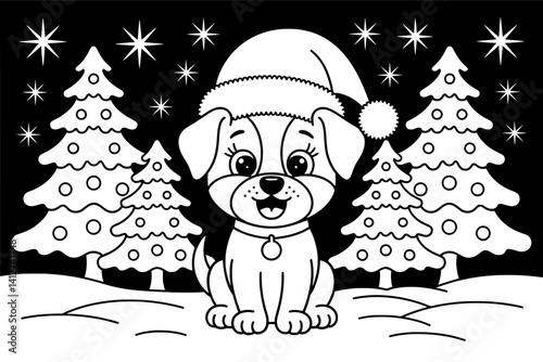 A charming black and white coloring page featuring a happy puppy wearing a Santa hat, sitting in a snowy landscape with decorated Christmas trees