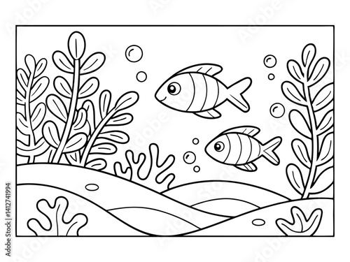 Coloring book page for adults. Underwater seabed with algae and corals, line art design, and fish