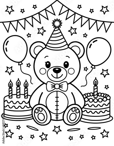 A cheerful black and white coloring page featuring a teddy bear wearing a party hat, sitting next to two birthday cakes with candles