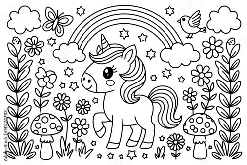 A whimsical and charming black and white coloring page featuring a cute unicorn under a rainbow, surrounded by flowers, clouds, stars, and mushrooms