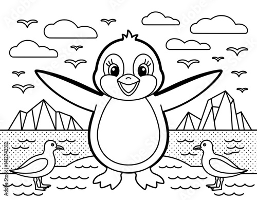 A cheerful cartoon penguin with outstretched wings stands by the water's edge in an arctic scene