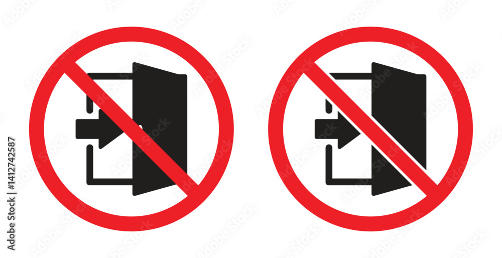 Vector icon prohibited from opening the exit door. Stop symbol and no exit access. Warning and information symbol icon for the general public. Vector illustration Vector icon prohibited from opening the exit door. Stop symbol and no exit access. Warning and information symbol icon for the general public. Vector illustration