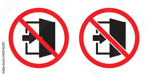 Vector icon prohibited from opening the exit door. Stop symbol and no exit access. Warning and information symbol icon for the general public. Vector illustration
