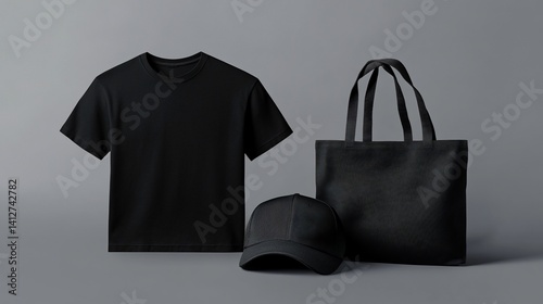 Black T-Shirt, Baseball Cap, and Tote Bag Mockup on Neutral Background