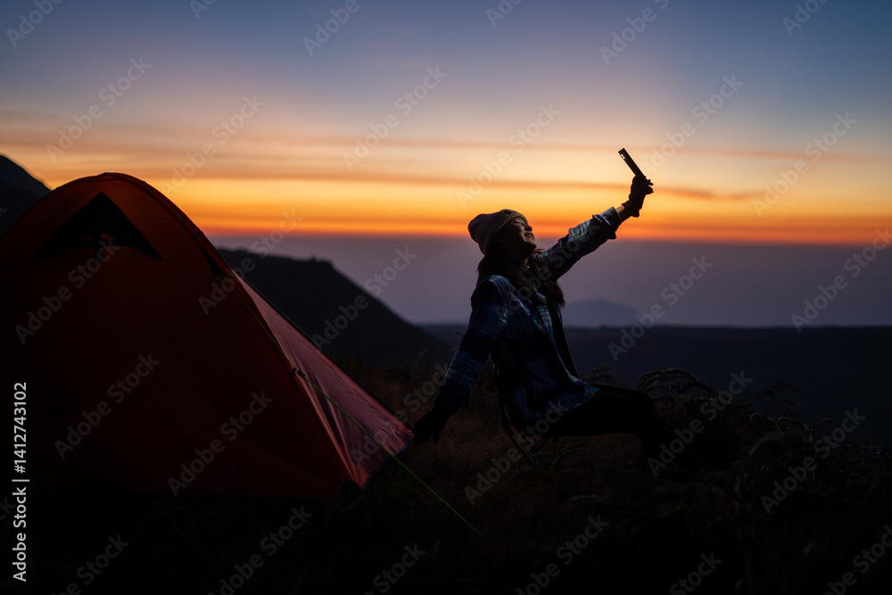 Captivating sunset selfie at camping site adventure travel outdoor photography vibrant landscape
