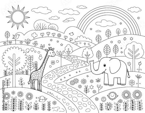 Wallpaper Mural A charming black and white coloring page featuring a giraffe and elephant in a whimsical, rolling hills landscape Torontodigital.ca