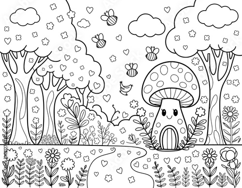 A whimsical, black and white coloring page featuring a charming mushroom house nestled in a whimsical forest