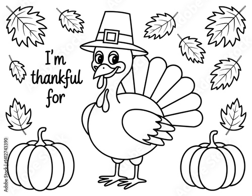 A charming black and white coloring page featuring a cartoon turkey wearing a pilgrim hat, along with fall leaves and pumpkins