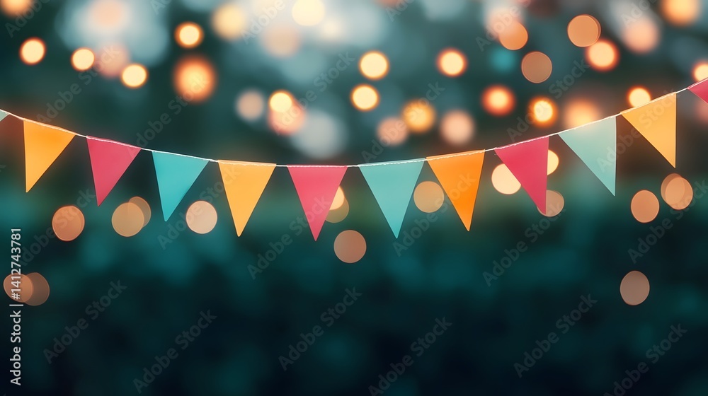 Blurred Festive Outdoor Party Lights with Colorful Hanging Pennants