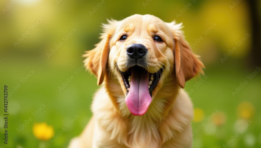 Golden retriever puppy yawns widely, tongue out , pet portrait, studio shot, playful puppy Golden retriever puppy yawns widely, tongue out , pet portrait, studio shot, playful puppy