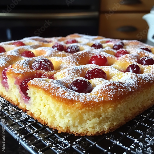 Delicious cake with golden crust, topped with fresh red berries and dusting of powdered sugar, resting on cooling rack in kitchen setting