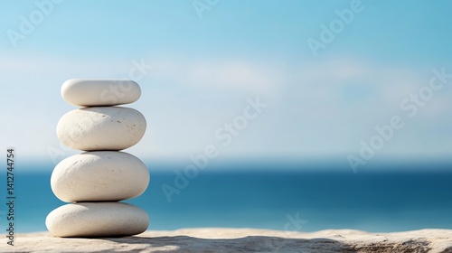 Tranquil Spa Stone Stack on Beach Shore with Clear Blue Sea and Sky Background for Relaxation : Generative AI