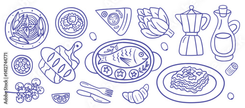 Hand-drawn ink-style Italian cuisine icons featuring lasagna, ravioli, fish, vegetables, wine, and classic tableware. Perfect for menus, packaging, culinary blogs, and food-themed designs.