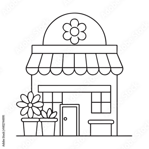 coloring page illustration of a cute flower shop