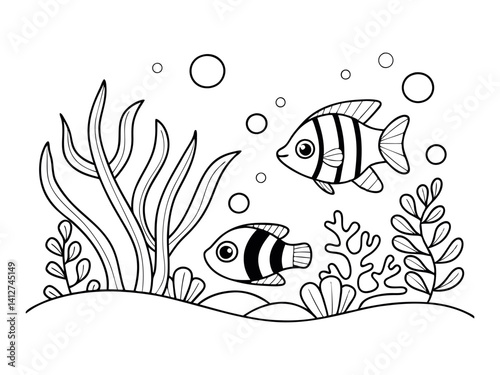 Coloring book page for adults. Underwater seabed with algae and corals, line art design, and fish