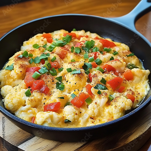 Delicious skillet dish featuring fluffy scrambled eggs mixed with fresh vegetables like tomatoes and green onions, topped with melted cheese for comforting meal photo