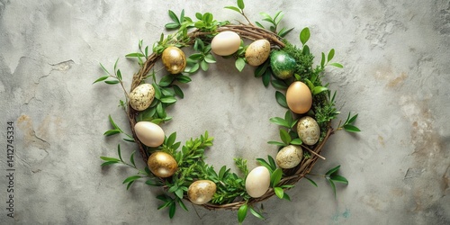 A Springtime Arrangement of Decorated Eggs and Greenery in a Twig Wreath