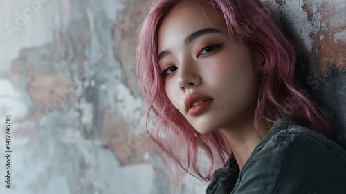 Portrait of a young Asian woman with pink hair and subtle makeup leaning against a textured wall, exuding a modern and edgy vibe