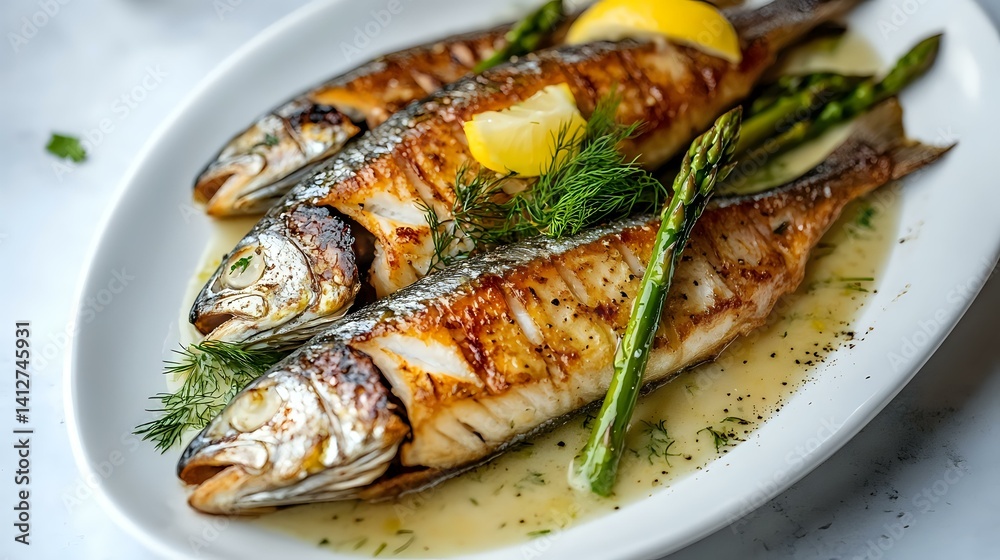 Pan-seared sea bream with lemon dill sauce and asparagus tips, served on a white oval plate, soft lighting and focus Pan-seared sea bream with lemon dill sauce and asparagus tips, served on a white oval plate, soft lighting and focus