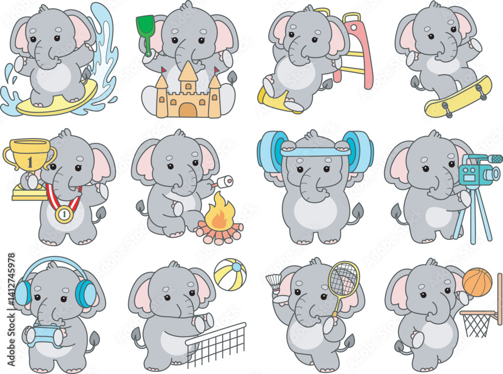 Fototapeta premium Cute Elephant vector icon. Funny baby Elephant animal series stock illustration. Life of fluffy Elephant designs.