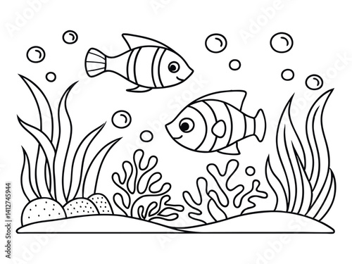 Coloring book page for adults. Underwater seabed with algae and corals, line art design, and fish