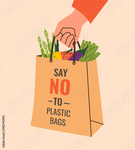 Hand drawn zero waste eco bag. Eco style. Say no to plastic bags. Go green. Pollution problem concept. Care Environment. Design for greeting card, poster, invitation, flyer, banner, email header
