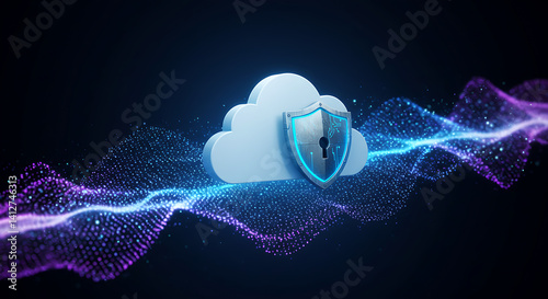 Cloud data security. Shield protecting cloud from attack and malware. Abstract data stream flowing around the icon.