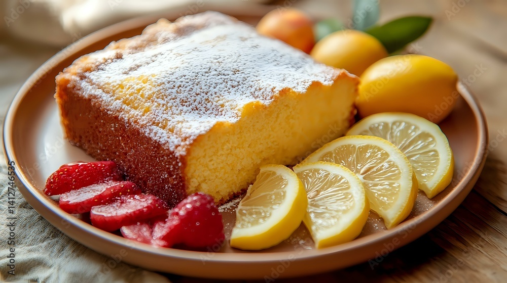 Ricotta lemon cake dusted with sugar and served with fruit slices, elegant layout on a ceramic plate with warm tones Ricotta lemon cake dusted with sugar and served with fruit slices, elegant layout on a ceramic plate with warm tones