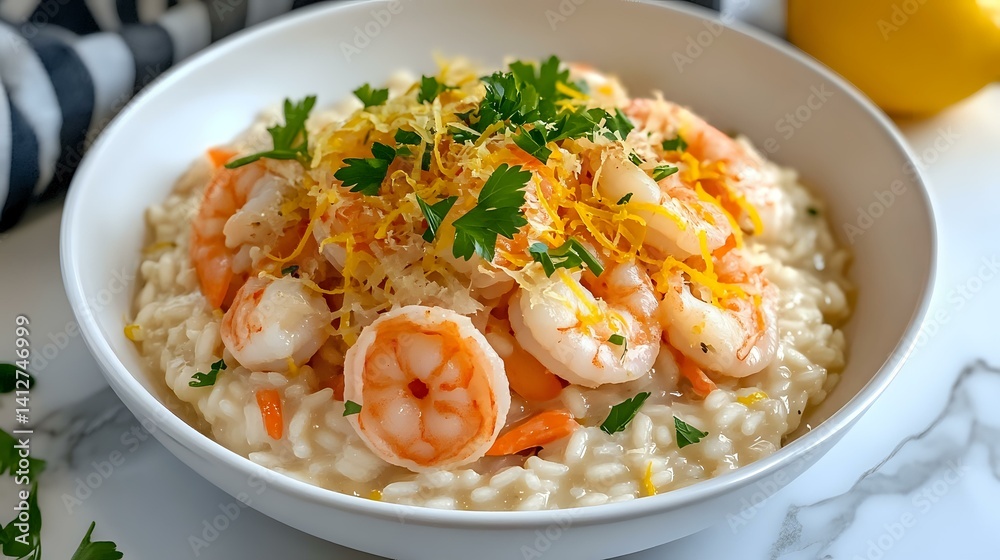 Shrimp risotto with creamy parmesan and saffron, garnished with parsley and lemon zest, served in a white bowl Shrimp risotto with creamy parmesan and saffron, garnished with parsley and lemon zest, served in a white bowl