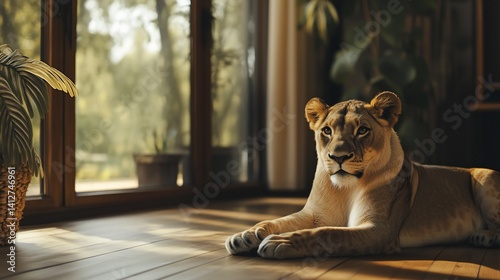 A Majestic Lioness Resting Peacefully Inside a Modern Living Room
