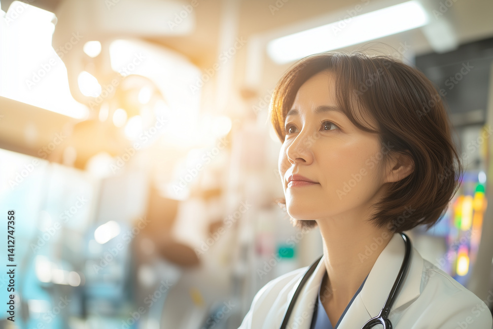 Fototapeta premium An experienced Asian female doctor with short hair wearing a white coat, using a stethoscope in a medical room