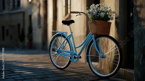 Vintage bicycle with a basket of white flowers in a charming European town