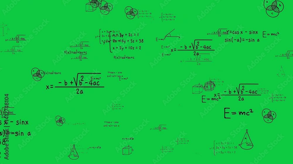 A green screen filled with mathematical symbols and equations, perfect for overlaying visual content in educational videos.