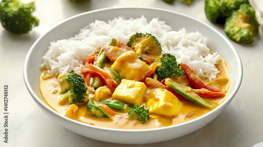 Thai yellow curry with paneer and vegetables, served in a clean white bowl with rice, vibrant colors and soft shadows