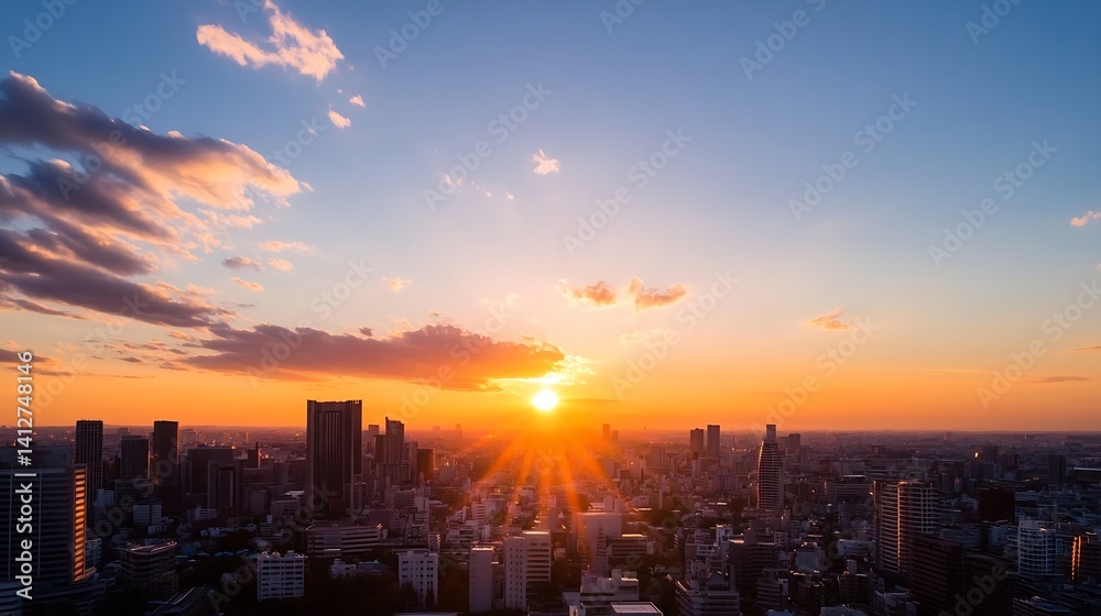 Obraz premium Stunning Sunset over City Skyline with Bright Orange Sky : Generative AI