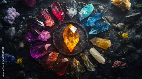 Set of healing chakra mineral stones for crystal healing. Natural Colourful stones for cleansing environment from negative energy, adding positive vibes. Spriritual practices flat lay