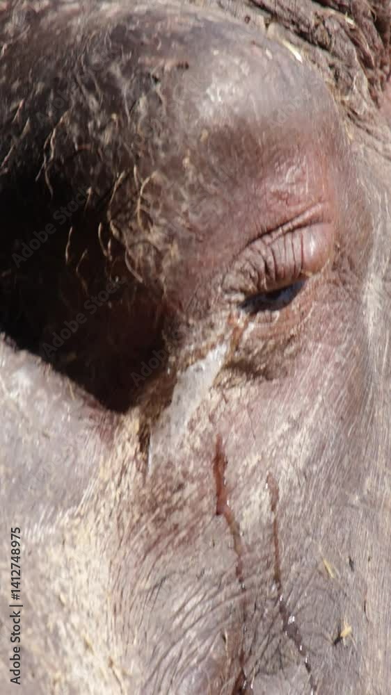 hippopotame en train de pleurer, en gros plan.